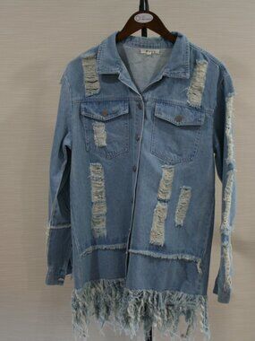 Nous Distressed Light Blue Jean Jacket with Fringe